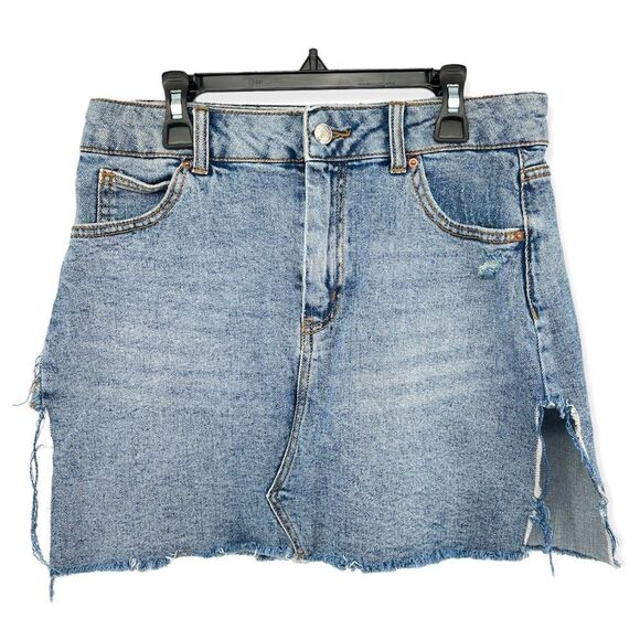 Wild Fable Women’s Blue Raw Fringe Hem Double Slit Denim Jean Mini Skirt Size 10 - Picture 1 of 11